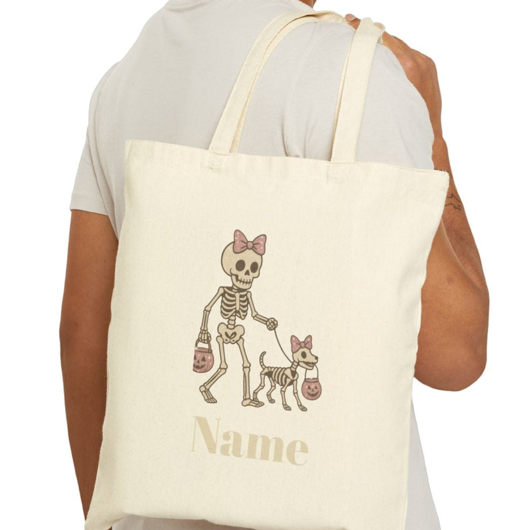 Pink Bow Halloween Friends Cotton Canvas Tote Bag - Personalizable