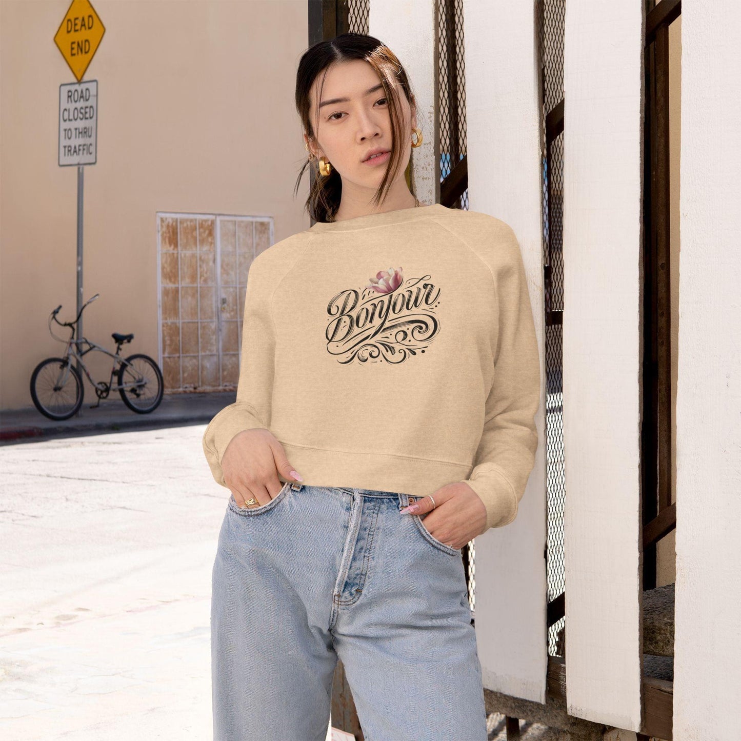 Bonjour! Cropped Fleece Pullover 🌷✨ Women's Cozy Sweatshirt 💖 - Whippie's