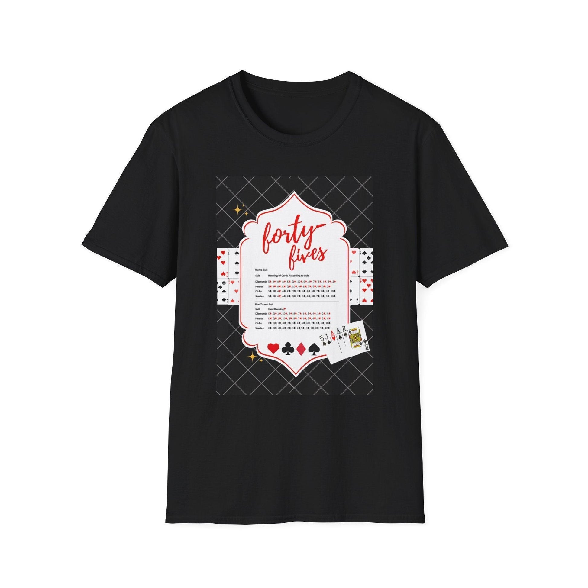 Forty-Fives Card Rankings - Black Background - Unisex T-Shirt - Whippie's