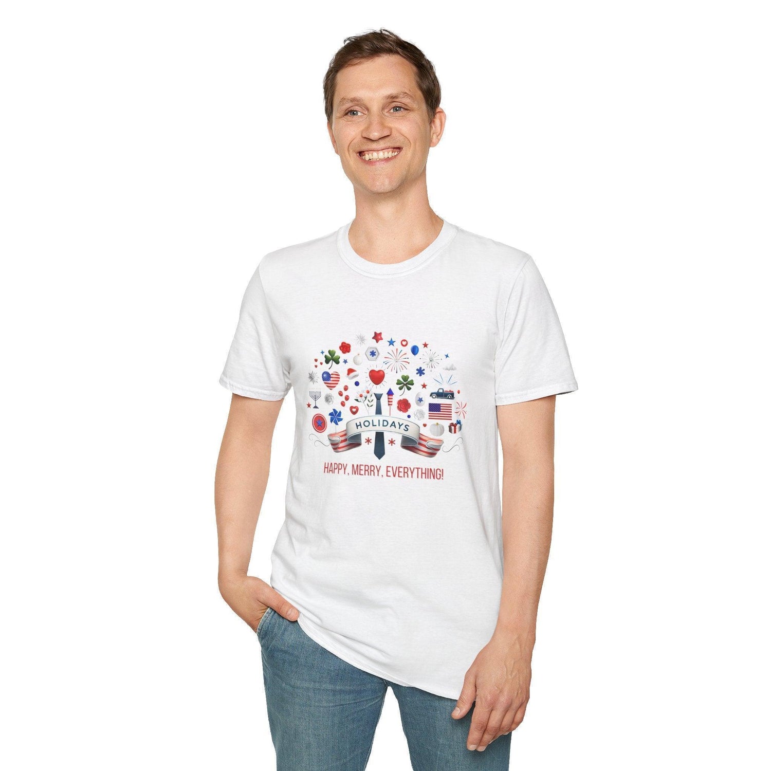 Merry Happy Everything 🎉 Unisex T-Shirt - Red, White & Blue Holiday Cheer! - Whippie's