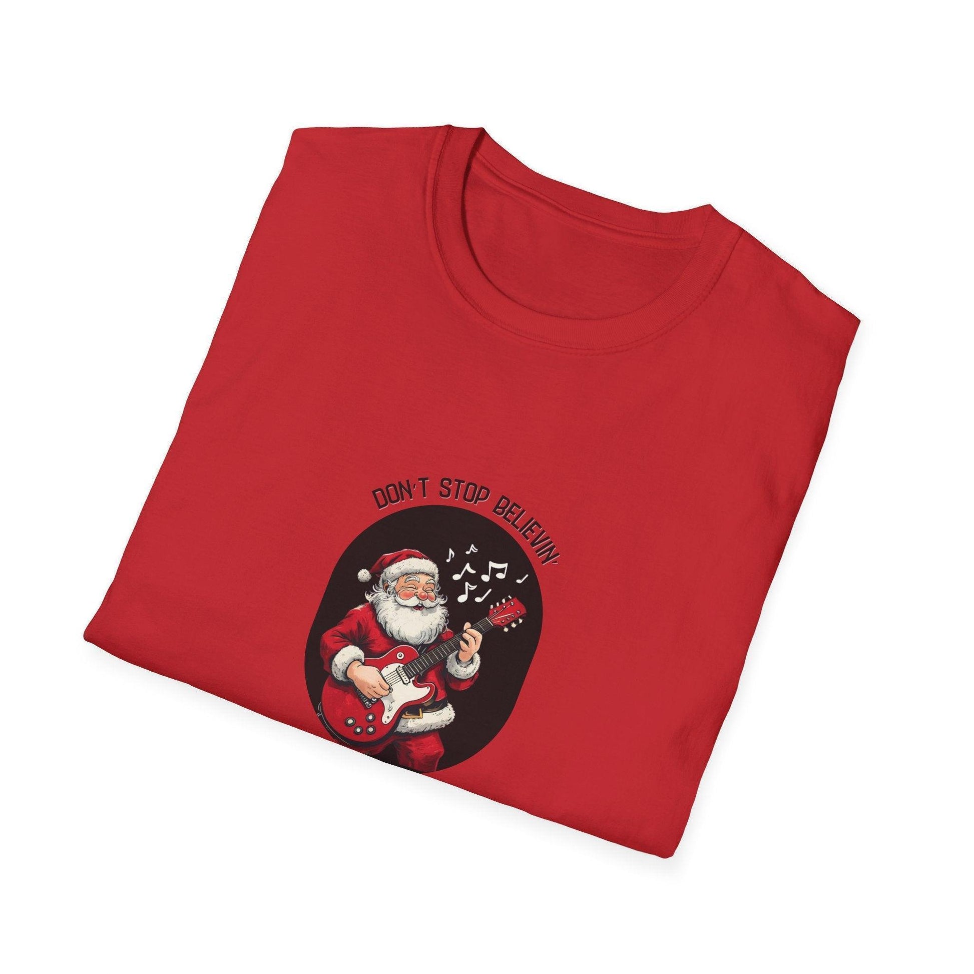 Don't Stop Believin': Santa's Rockin' Christmas Cheer! 🎅🎸🎄 - Unisex Softstyle T-shirt - Whippie's