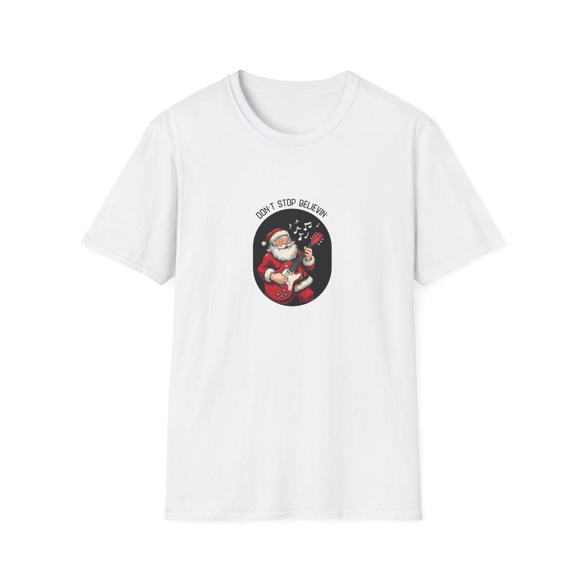 Don't Stop Believin': Santa's Rockin' Christmas Cheer! 🎅🎸🎄 - Unisex Softstyle T-shirt - Whippie's