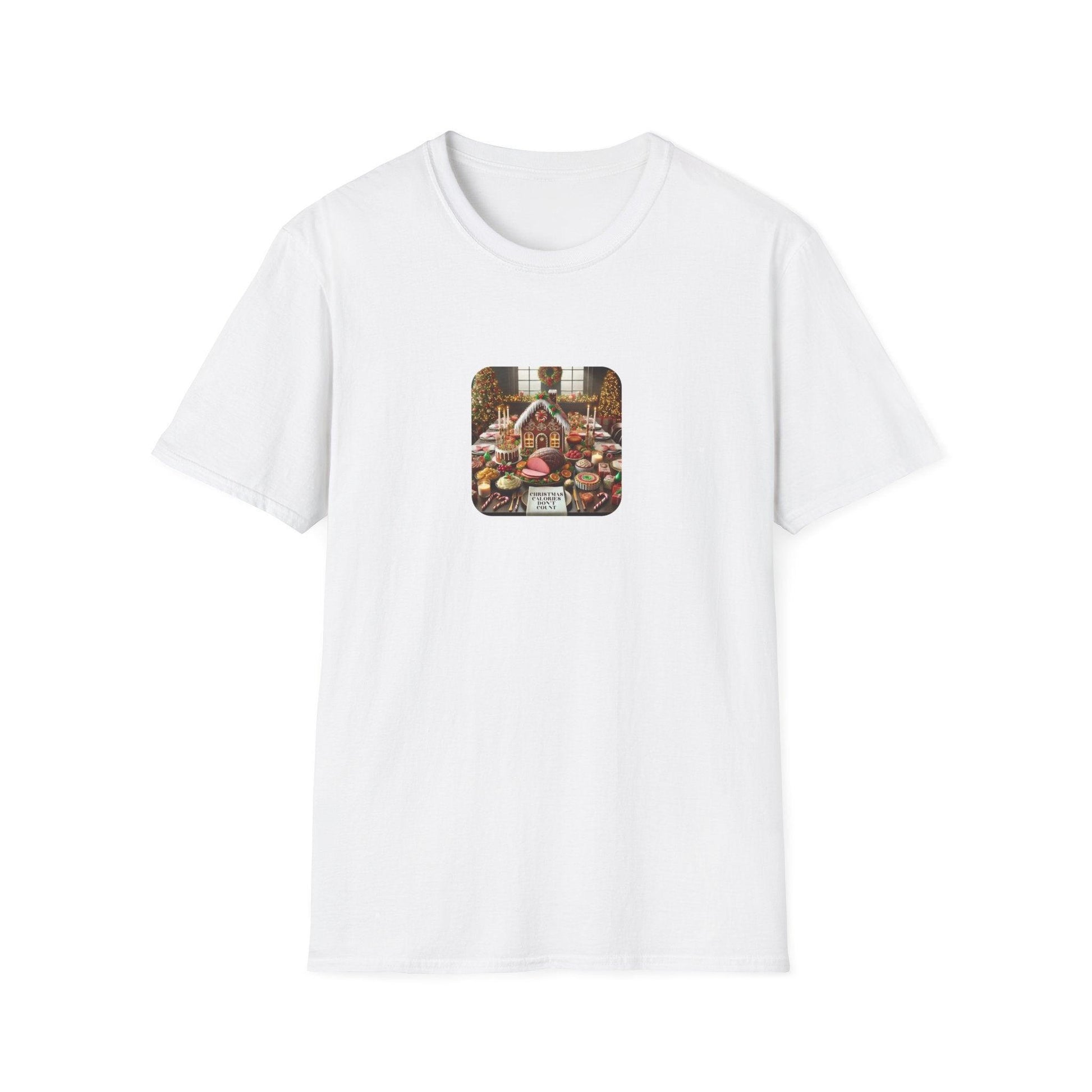 Christmas Calories Don’t Count 🎄 – Fun Festive Design with Gingerbread House & Holiday Feast - Unisex Softstyle Tee - Whippie's