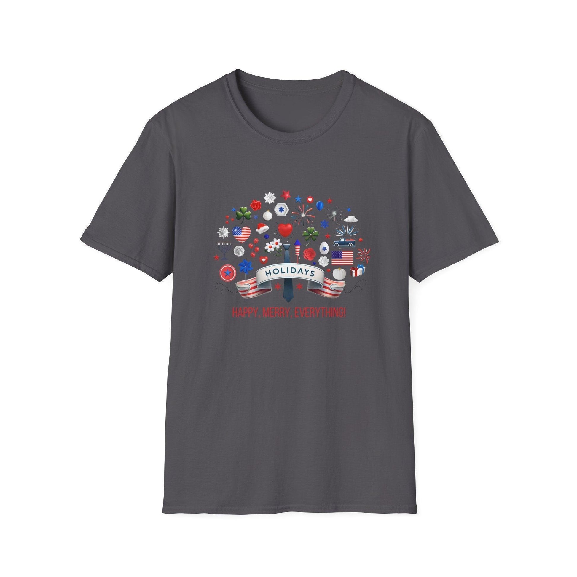 Merry Happy Everything 🎉 Unisex T-Shirt - Red, White & Blue Holiday Cheer! - Whippie's