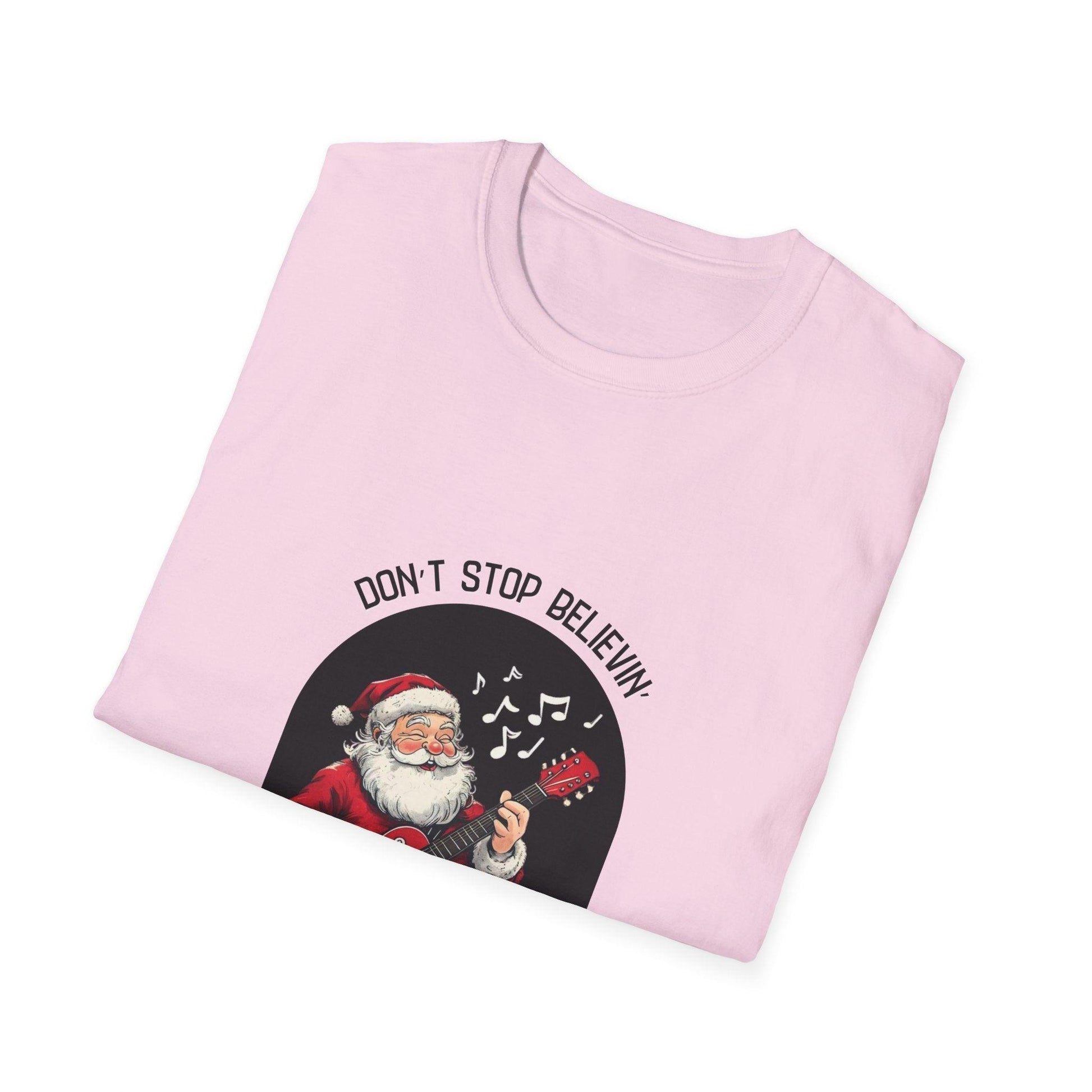 Don't Stop Believin': Santa's Rockin' Christmas Cheer! 🎅🎸🎄 - Unisex Softstyle T-shirt - Whippie's