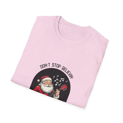 Don't Stop Believin': Santa's Rockin' Christmas Cheer! 🎅🎸🎄 - Unisex Softstyle T-shirt - Whippie's
