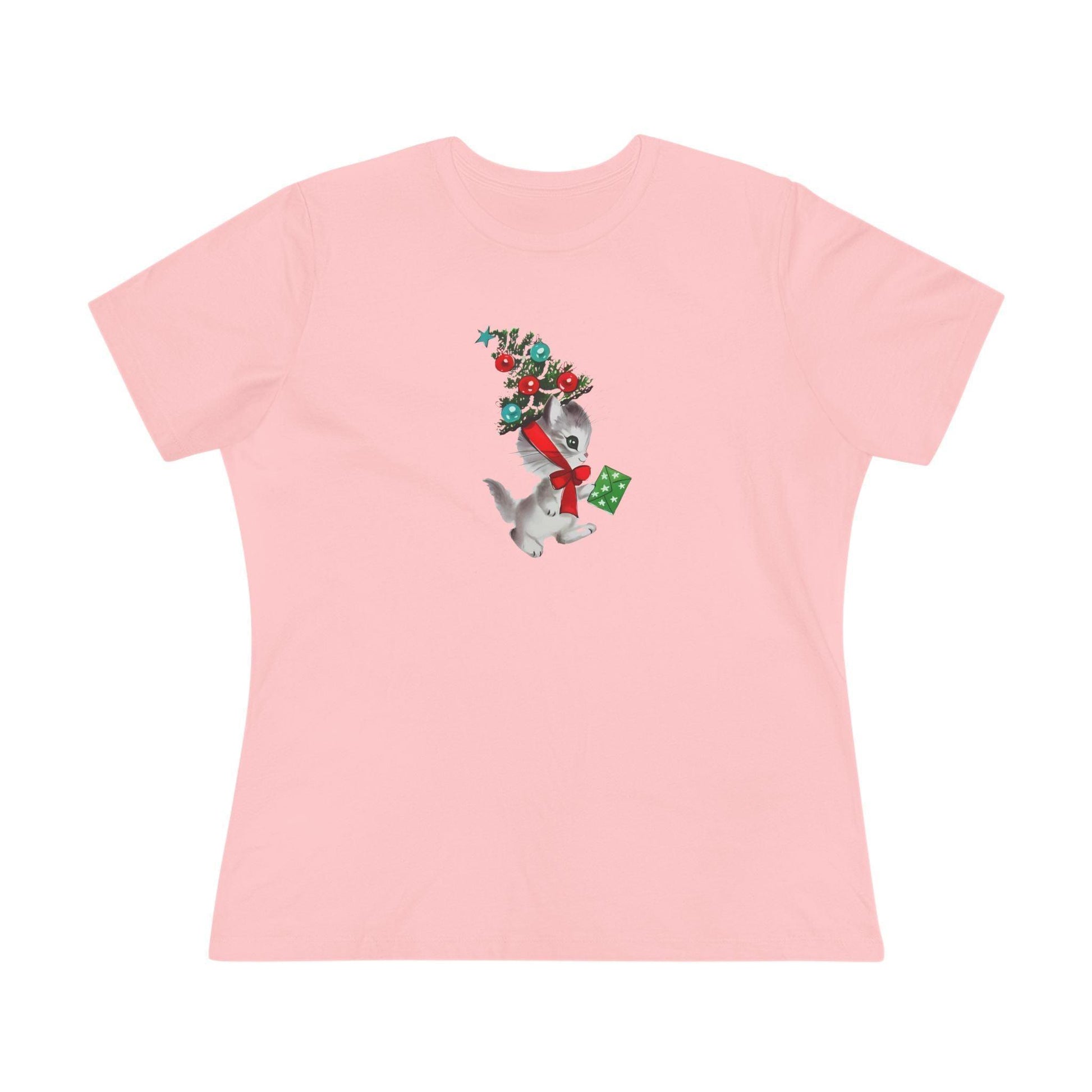Kittie with Christmas Tree Hat and Card - Women's Softstyle Tee - Whippie's