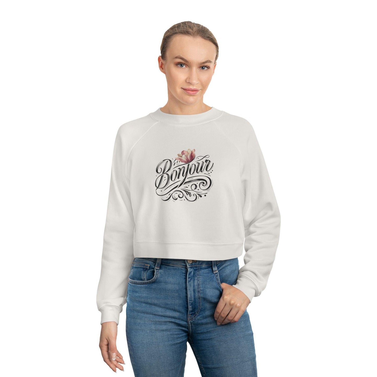 Bonjour! Cropped Fleece Pullover 🌷✨ Women's Cozy Sweatshirt 💖 - Whippie's