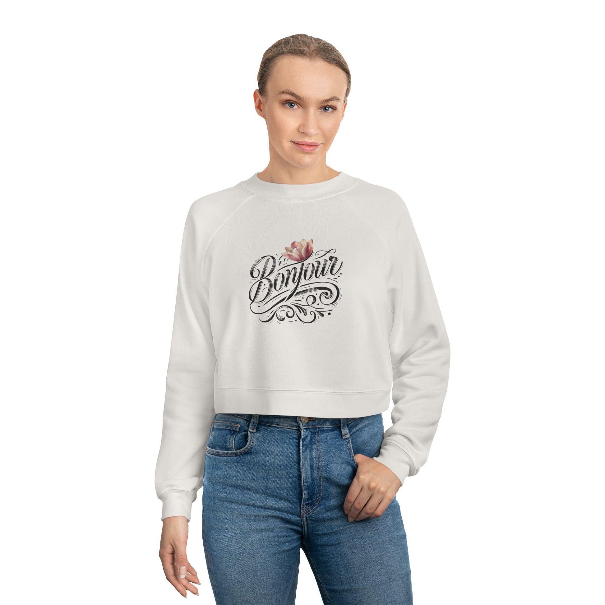 Bonjour! Cropped Fleece Pullover 🌷✨ Women's Cozy Sweatshirt 💖 - Whippie's