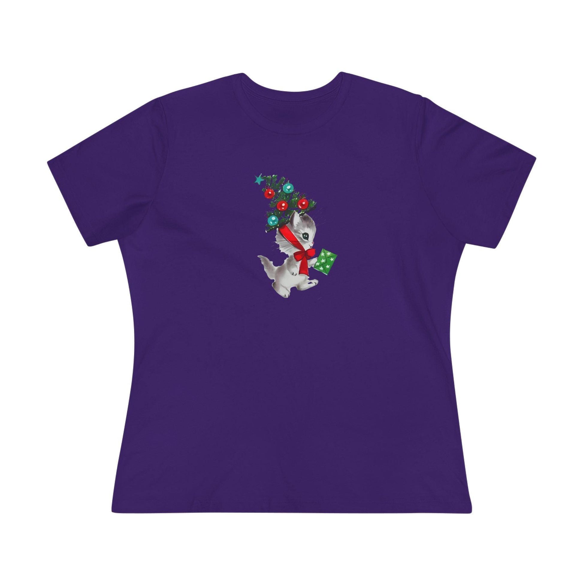 Kittie with Christmas Tree Hat and Card - Women's Softstyle Tee - Whippie's