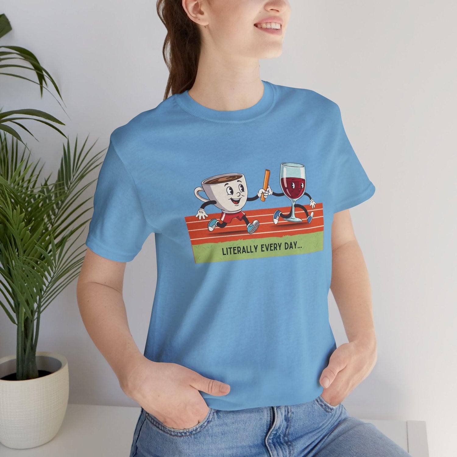 Literally Everyday Unisex Jersey Tee - ☕🏃‍♀️🍷 From Coffee to Cocktails: It's a Relay Race! 🍷🏃‍♀️☕ - Whippie's