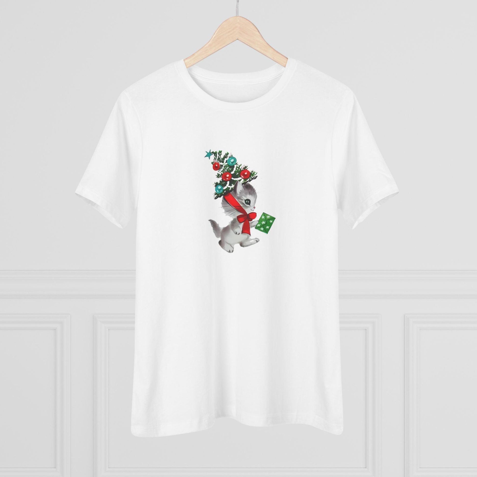 Kittie with Christmas Tree Hat and Card - Women's Softstyle Tee - Whippie's