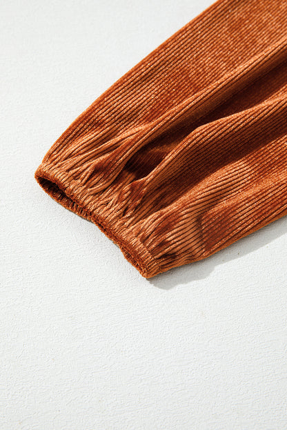 Clay Velvet Ribbed Texture Square Neck Slim Puff Sleeve Top