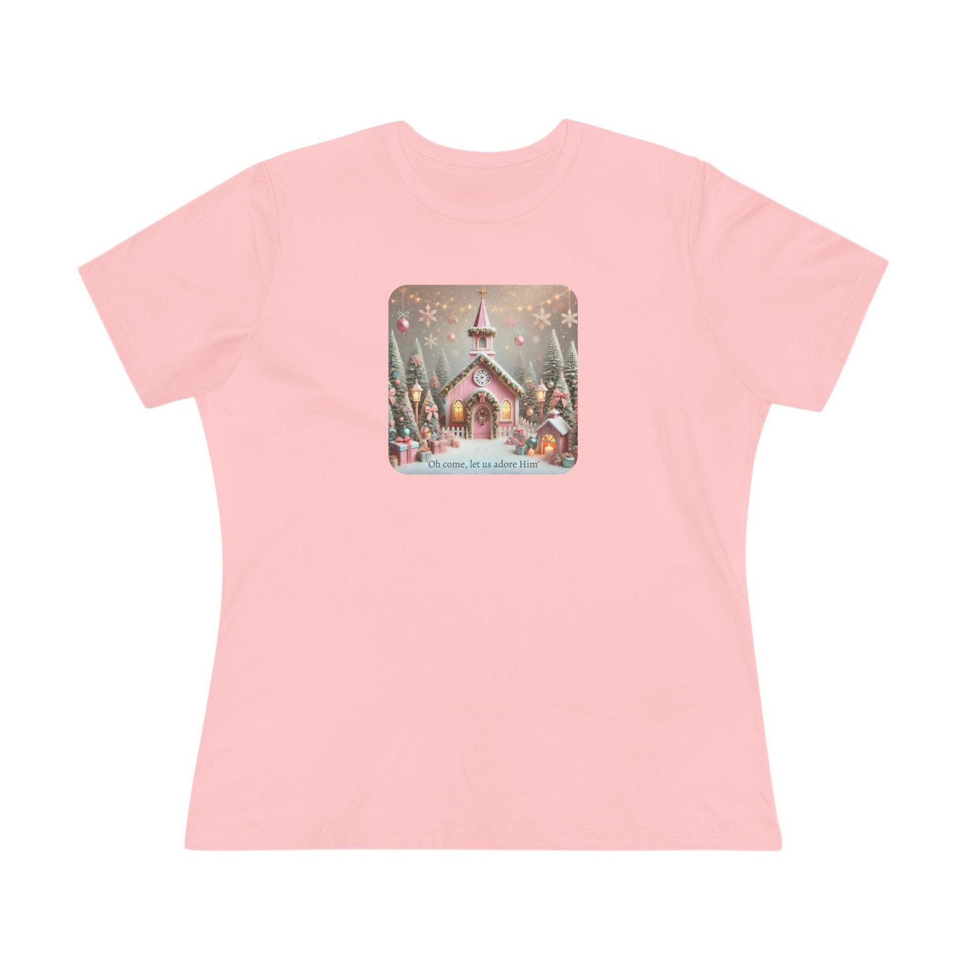 💖🏡 Pink Christmas Village - Oh Come, Let Us Adore Him ✨🎄 - Women's Softstyle Tee - Whippie's