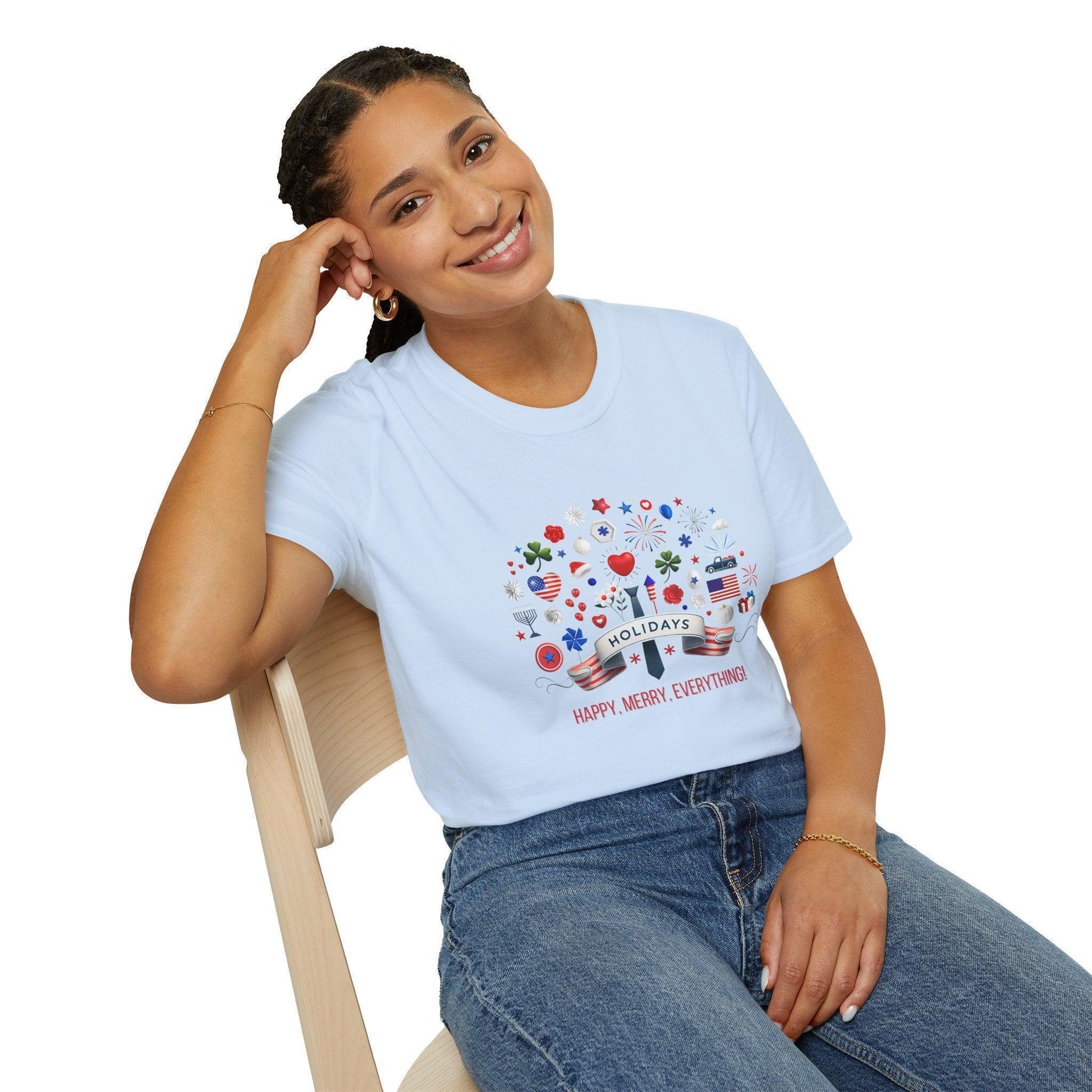 Merry Happy Everything 🎉 Unisex T-Shirt - Red, White & Blue Holiday Cheer! - Whippie's