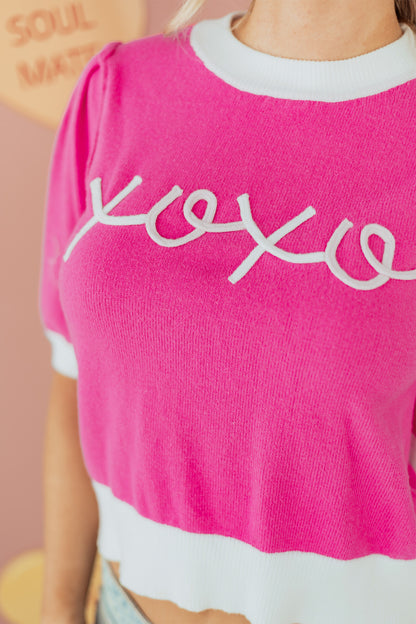 Bright Pink XOXO Embroidered Graphic Valentines Contrast Trim Crew Neck Short Puff Sleeve Sweater Tee