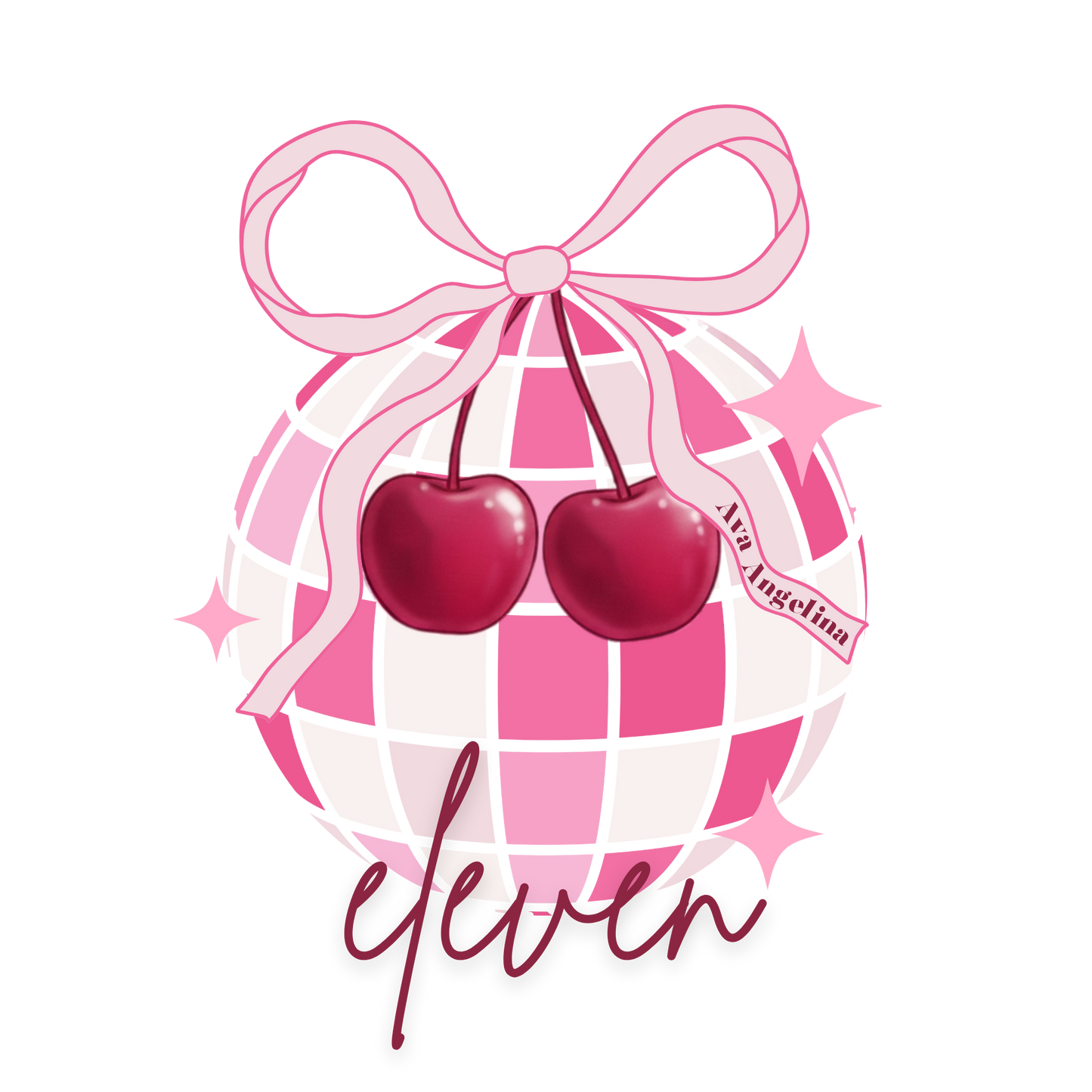 Pink checkered ball with cherries and a bow, featuring the brand 'eleven'.