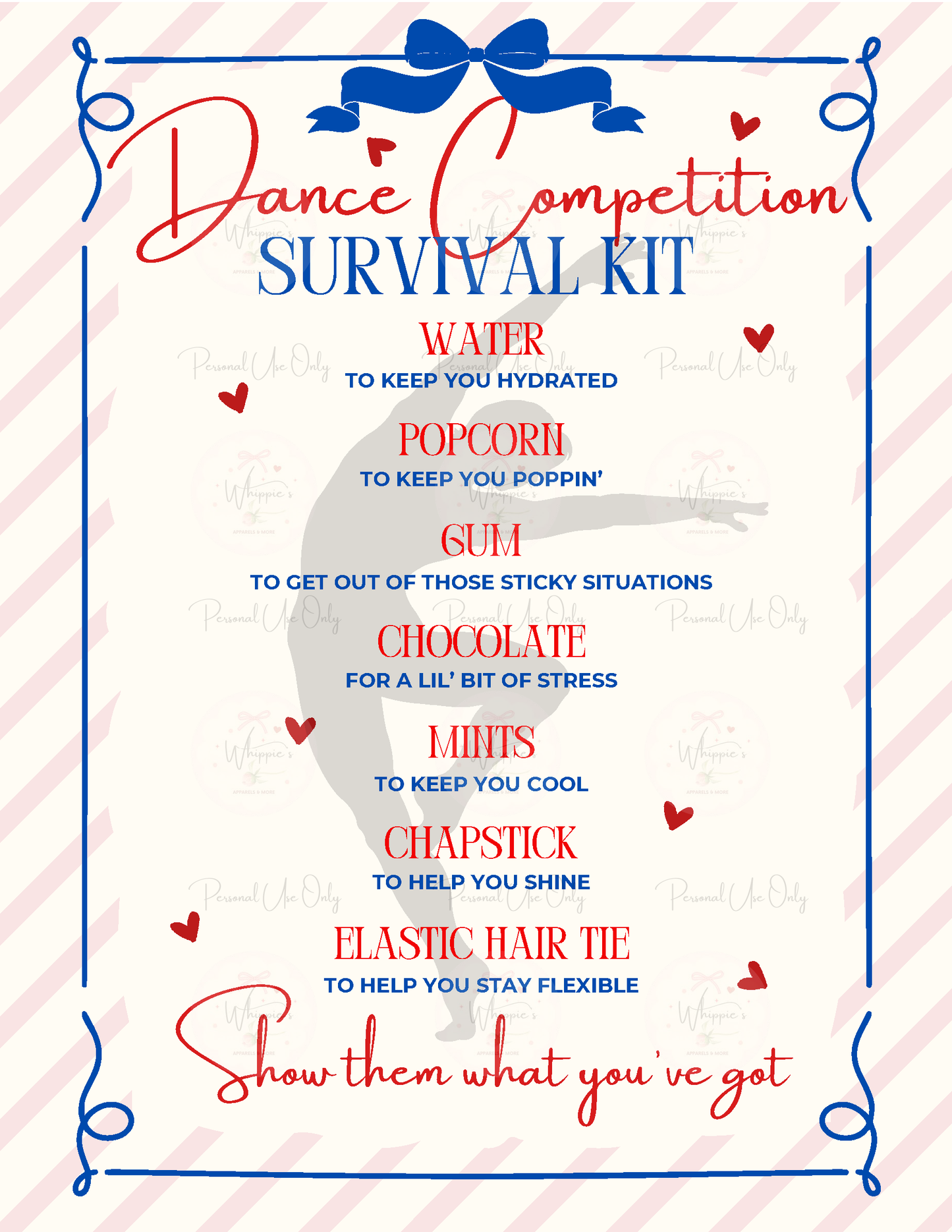 Dance competition survival kit list with a dancer illustration on a striped background