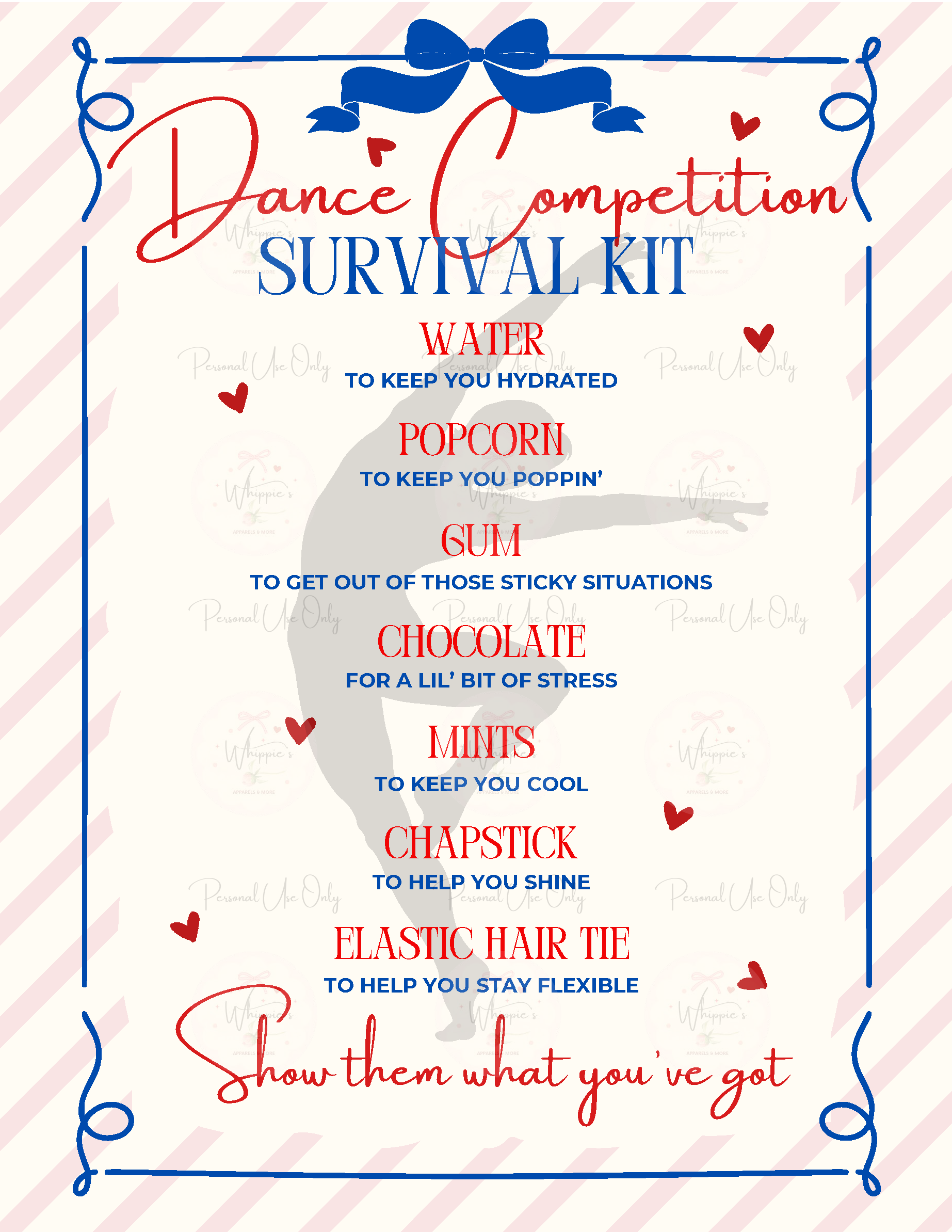 Dance competition survival kit list with a dancer illustration on a striped background