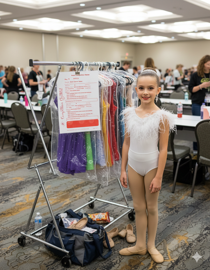 Young dancer in a white costume standing next to a rack of costumes in changing room at a Dance Competition with her Dance Compeition Checklist