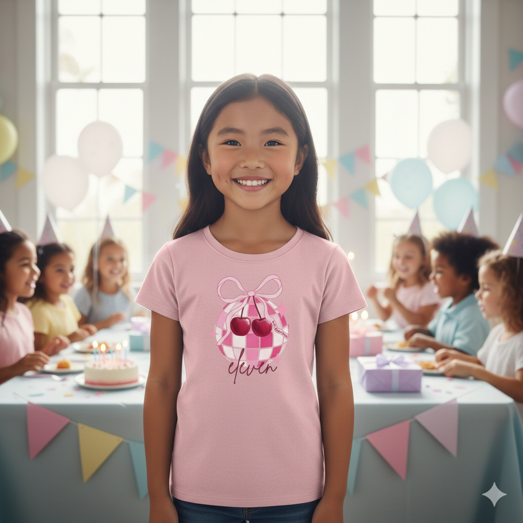 Young girl in a pink t-shirt with a cherry design at a birthday party.