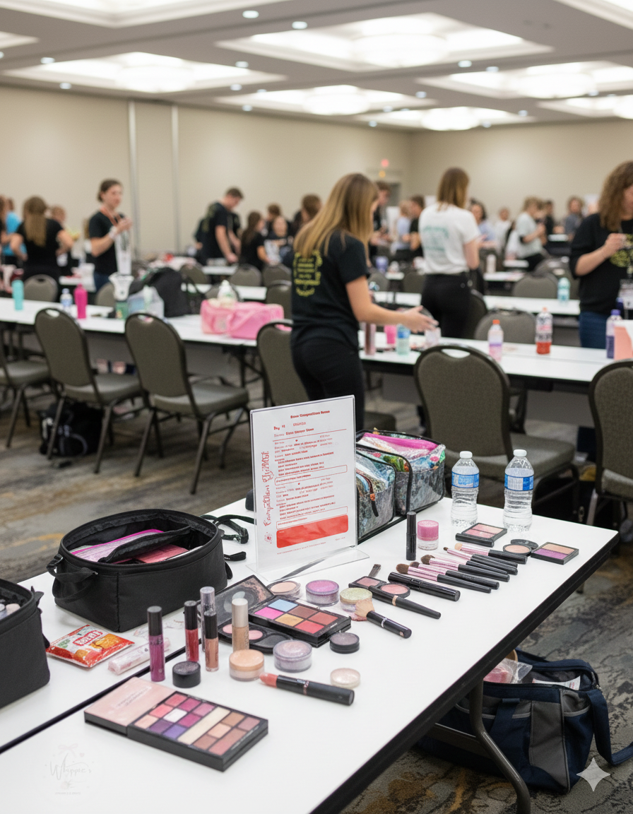Makeup products on a table with people in the background in a conference room setting Dance Competition Checklist displayed on the table