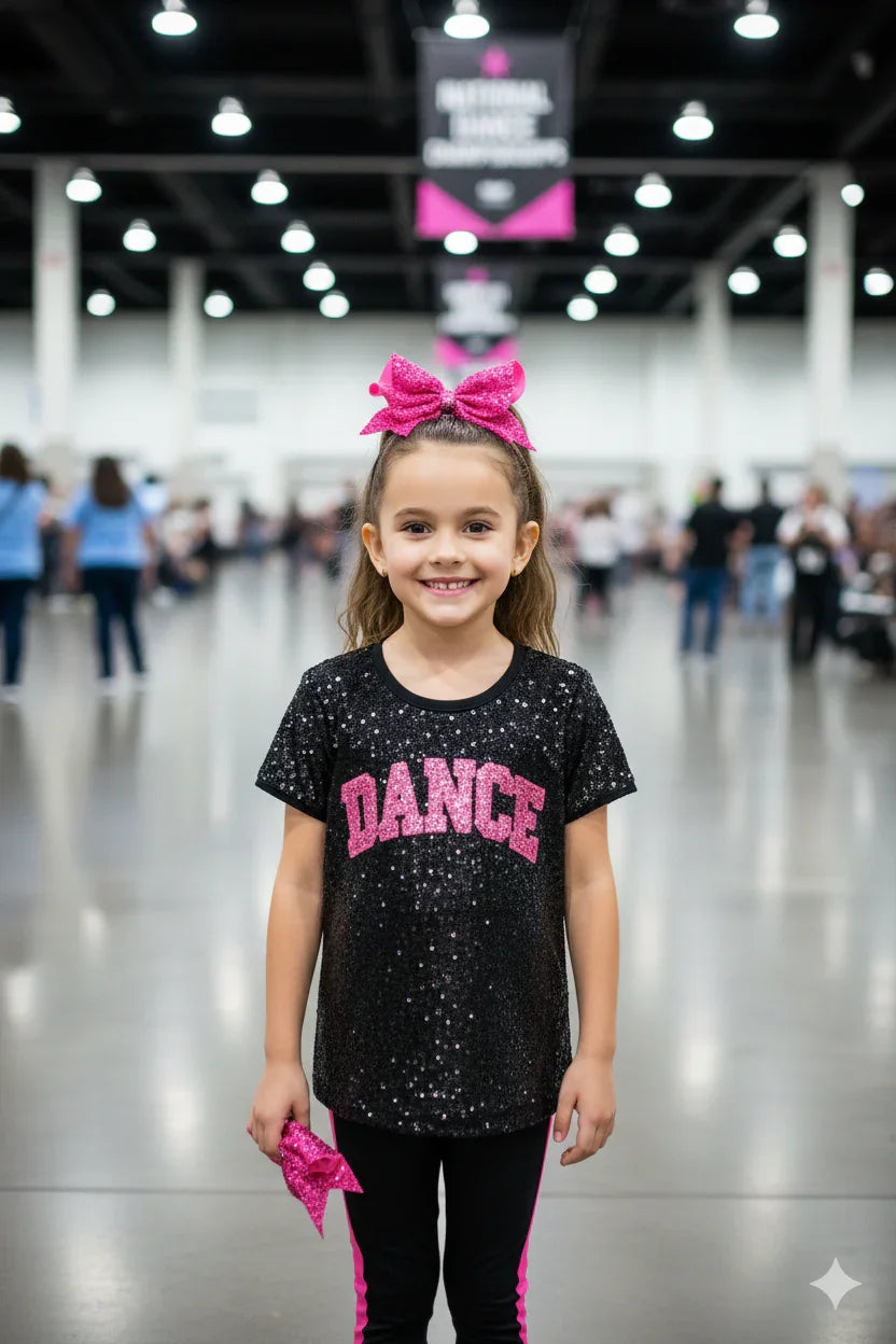 Young girl in a black 'DANCE' shirt with pink accents at an indoor event.