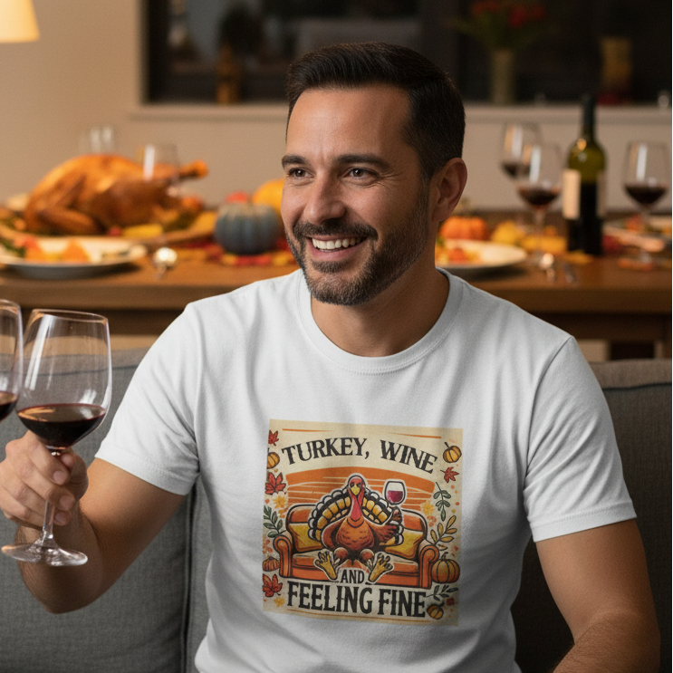 Man sitting on a couch with a 'Turkey, Wine, and Feeling Fine' shirt, holding wine glasses in a festive setting.
