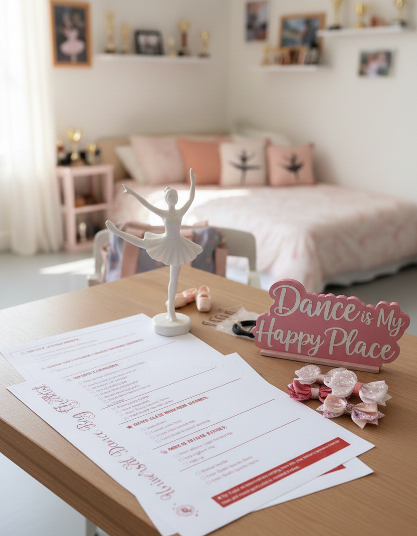 Desk with Universal Dance Bag Checklist and dance-themed decor including a ballerina figurine and 'Dance is My Happy Place' sign in a bedroom setting.