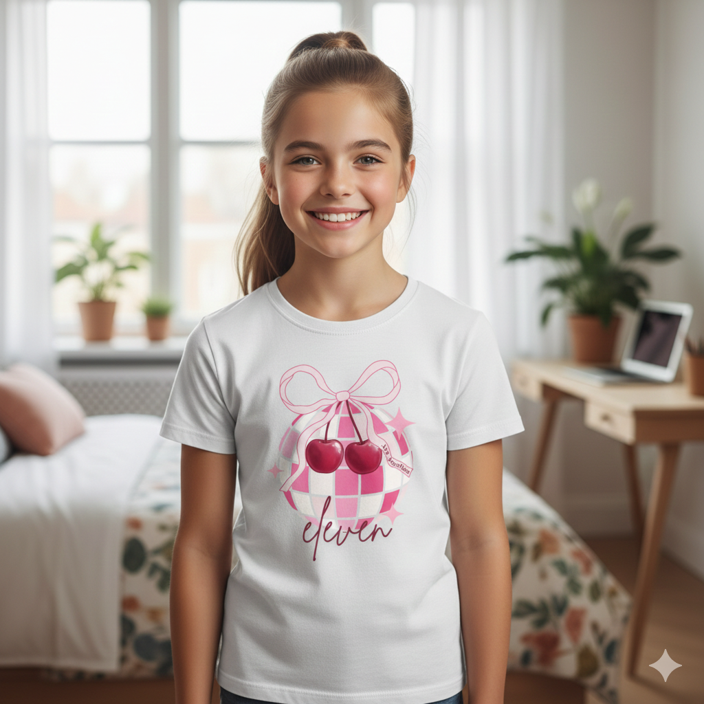Young girl wearing a white t-shirt with a graphic design in a bedroom setting