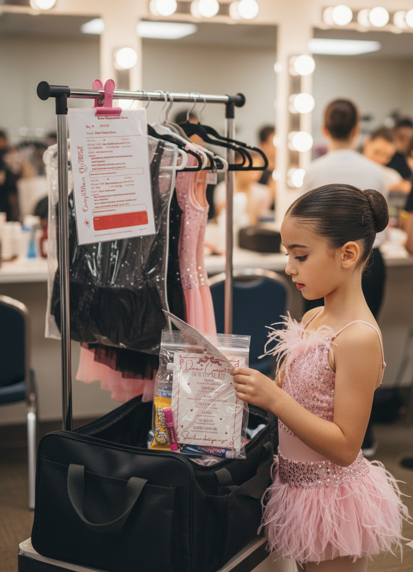 Young ballerina in a pink dress looking at a competition check list holding a dance survival kit in a backstage area.