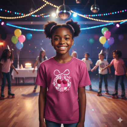 Young girl in a pink shirt with a checkered design in a festive indoor setting with balloons and decorations.