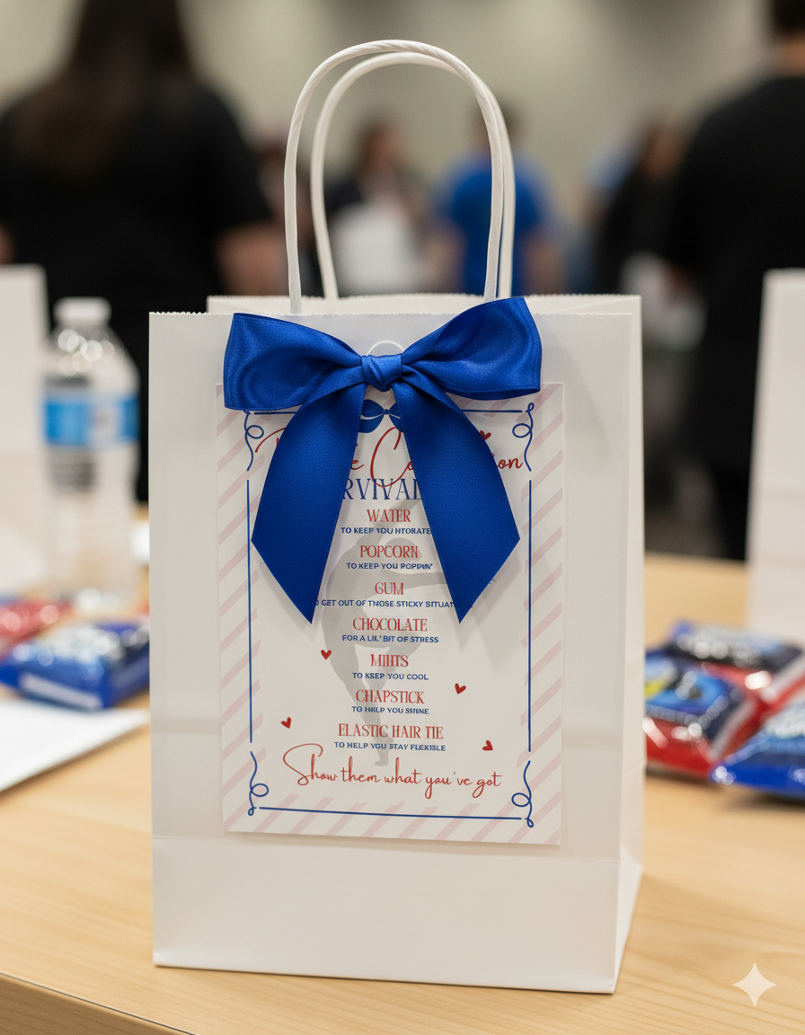 Dance Competition Survival Kit gift bag with a blue bow on a table with blurred background