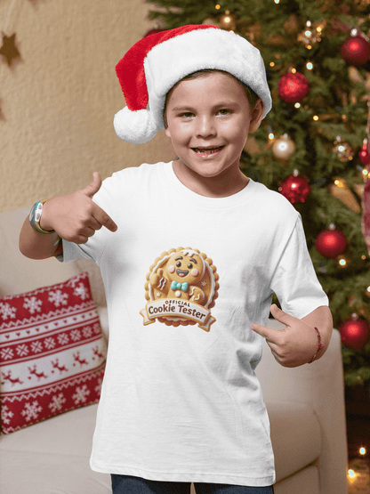 Official Cookie Tester 🍪 – Fun 3D Gingerbread Circle with Peekaboo Gingerbread Man - Kids Unisex Softstyle Tee - Whippie's