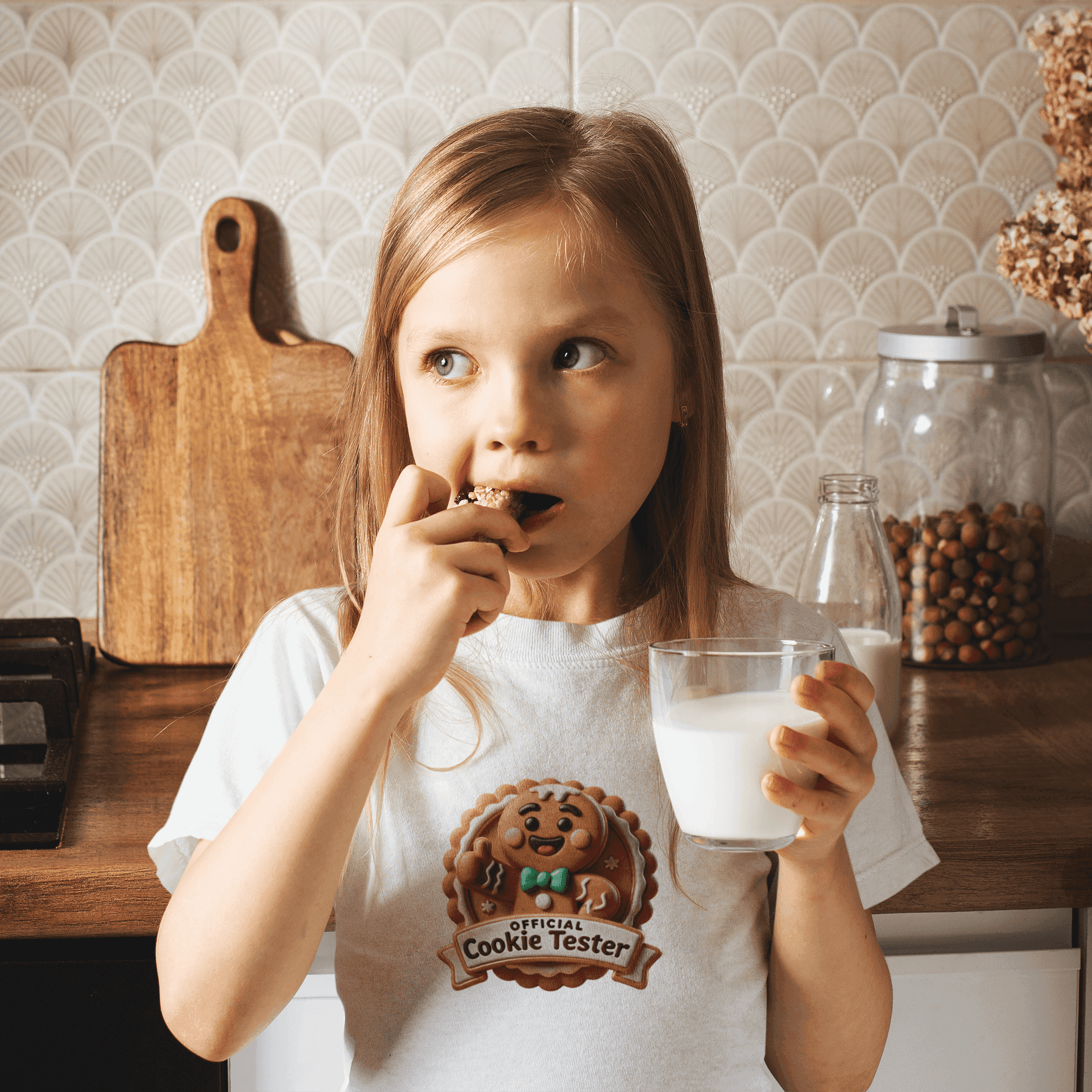 Official Cookie Tester 🍪 – Fun 3D Gingerbread Circle with Peekaboo Gingerbread Man - Kids Unisex Softstyle Tee - Whippie's