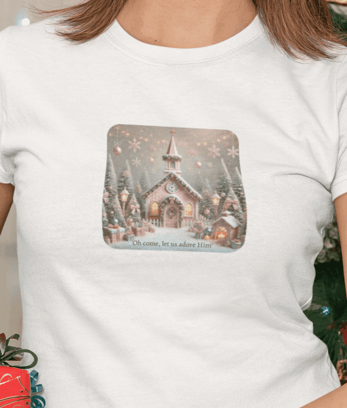 💖🏡 Pink Christmas Village - Oh Come, Let Us Adore Him ✨🎄 - Women's Softstyle Tee - Whippie's