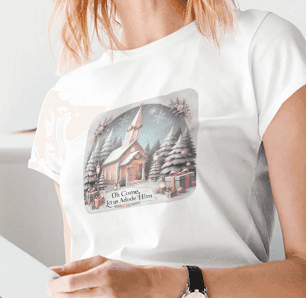 💖⛪ Pink Church - Oh Come, Let Us Adore Him ❄️🎁 - Women's Softstyle Tee - Whippie's