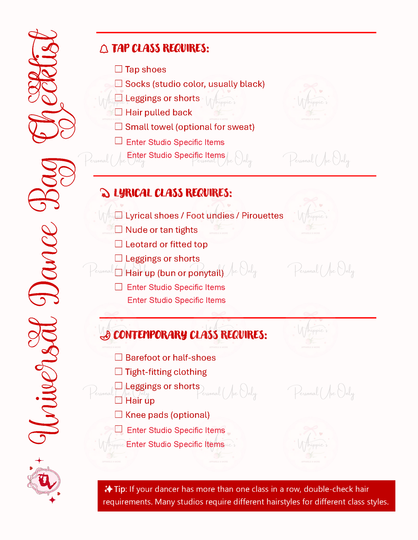 Universal Dance Bag Checklist with requirements for tap, lyrical, and contemporary classes on a white background.
