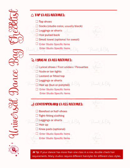 Dance Bag Schedule Bundle (Printable)