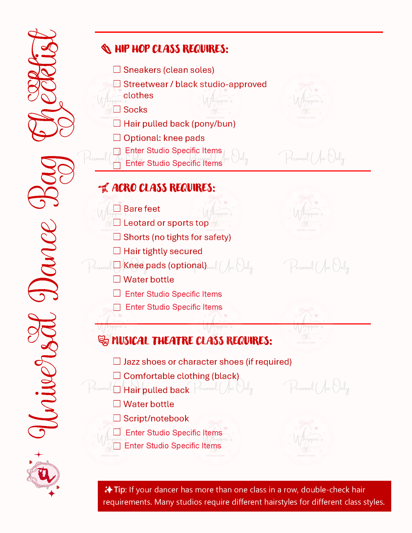 Universal Dance Bag Checklist for dance classes with required items listed on a white background.
