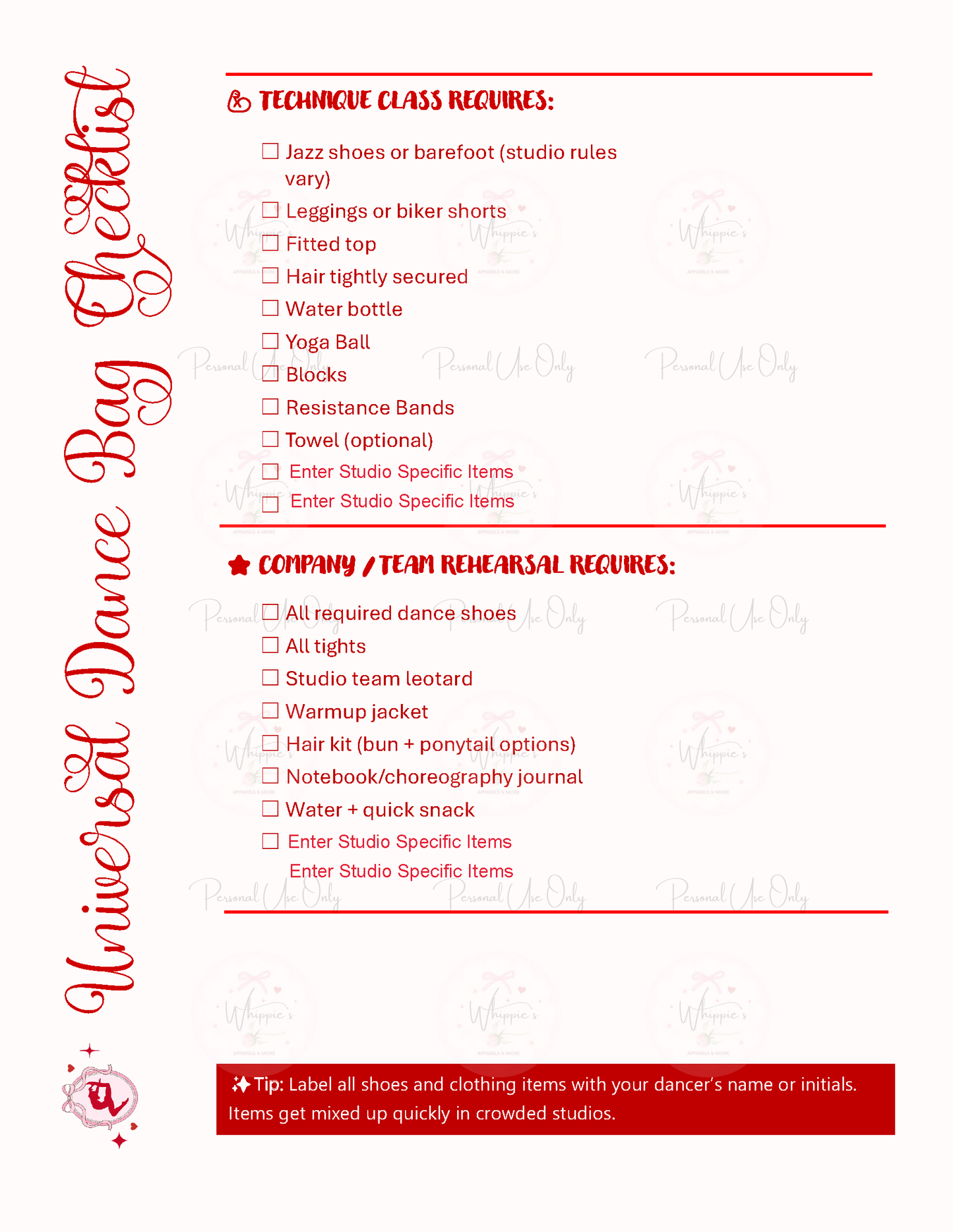 Universal Dance Bag Checklist for a dance class with required items listed on a white background.