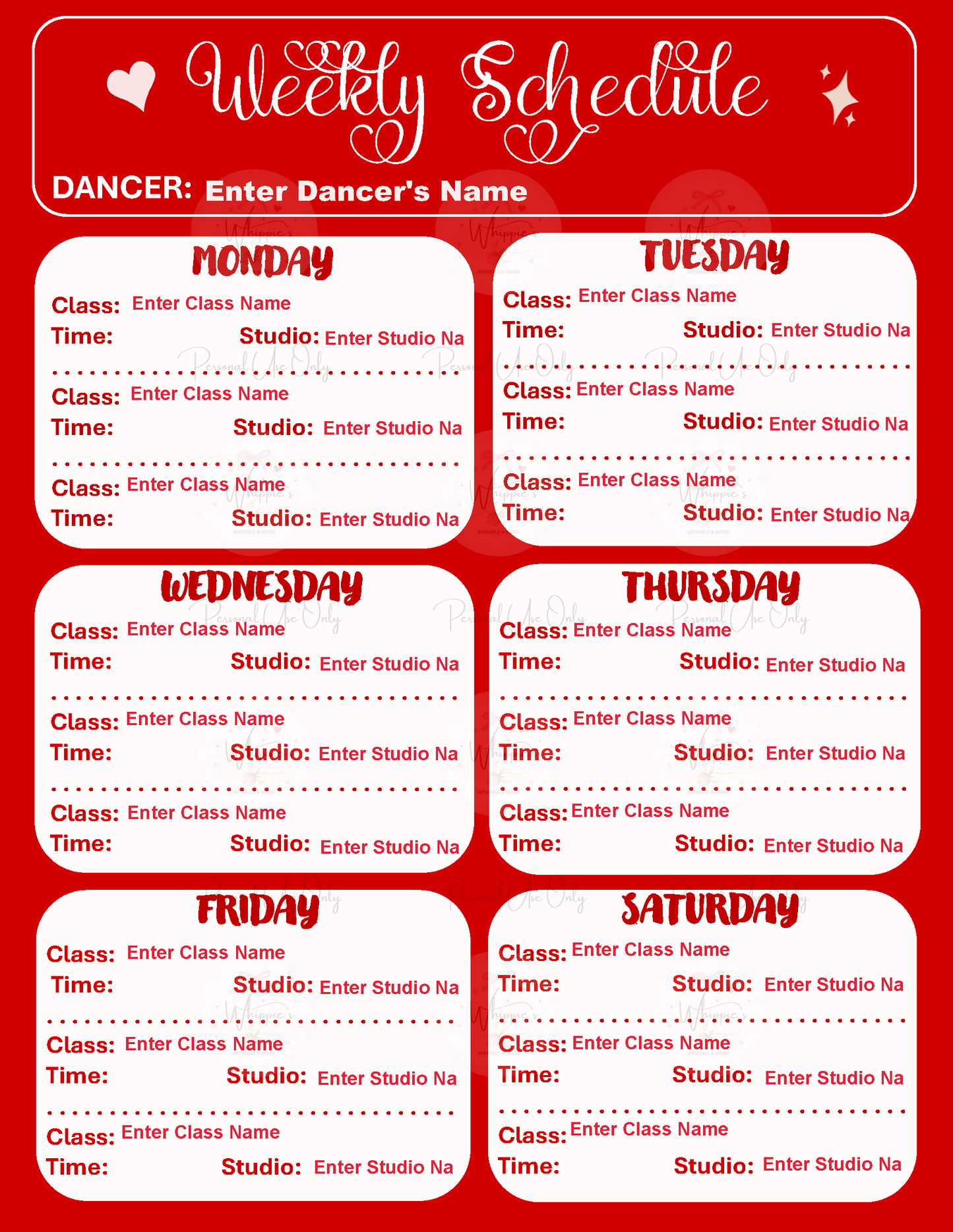 Weekly Dance Class Schedule (Printable)