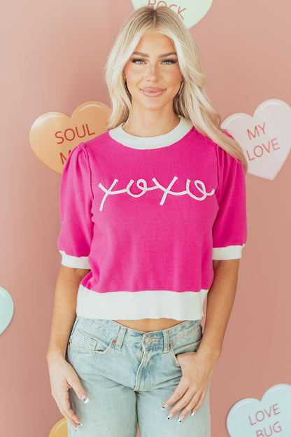 Bright Pink XOXO Embroidered Graphic Valentines Contrast Trim Crew Neck Short Puff Sleeve Sweater Tee