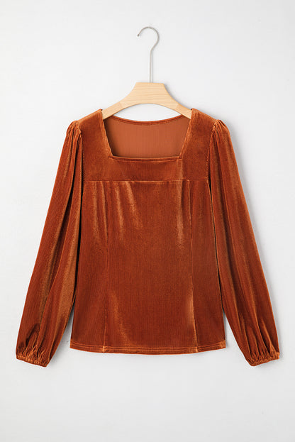 Clay Velvet Ribbed Texture Square Neck Slim Puff Sleeve Top