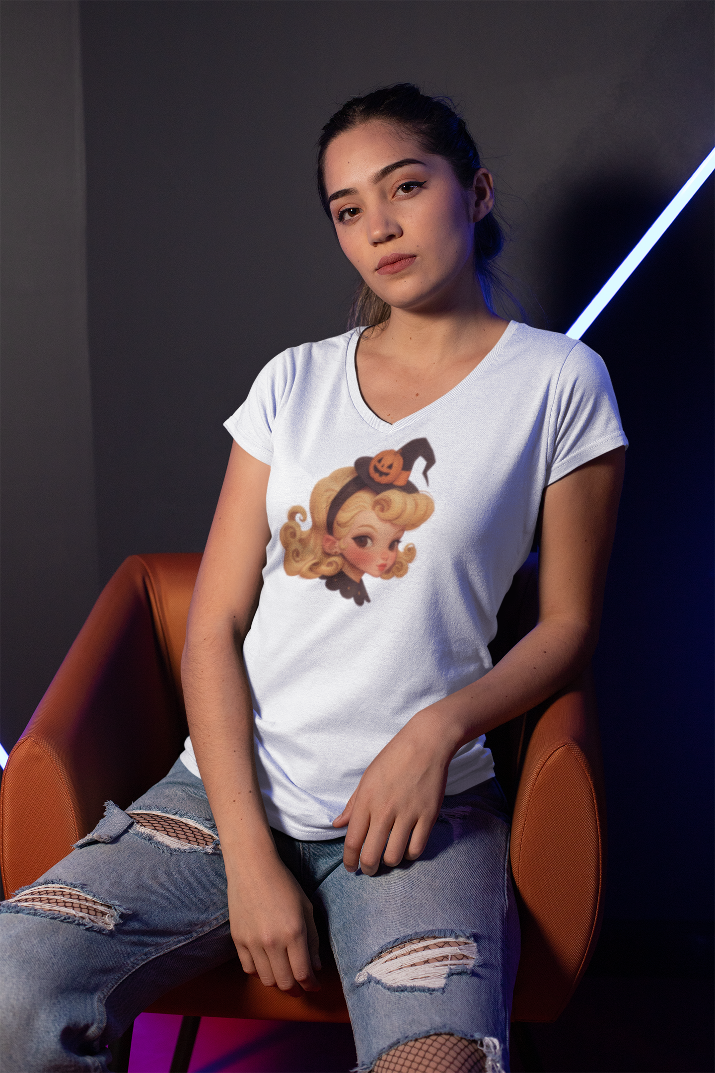 Pumpkin Pinup: Vintage Halloween Witch V-neck Tee
