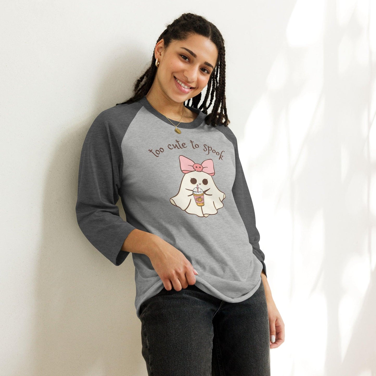 Too Cute to Spook 3/4 Sleeve Raglan Shirt - 👻💖 Spooky Style with a Sporty Twist! 💖👻 - Whippie's
