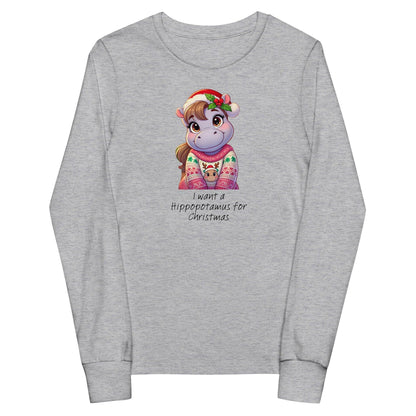 I Want a Hippopotamus for Christmas 🦛🎄 Girl Hippo - Youth Long Sleeve Tee! 🎁✨ - Whippie's