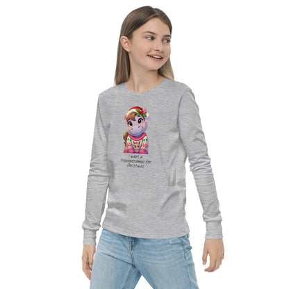 I Want a Hippopotamus for Christmas 🦛🎄 Girl Hippo - Youth Long Sleeve Tee! 🎁✨ - Whippie's