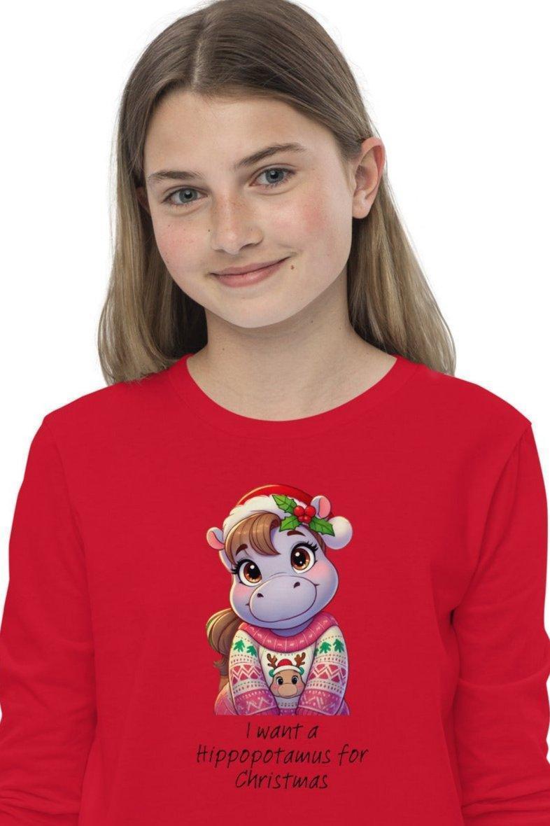 I Want a Hippopotamus for Christmas 🦛🎄 Girl Hippo - Youth Long Sleeve Tee! 🎁✨ - Whippie's